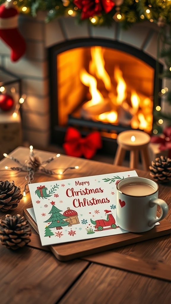 A decorated Christmas card on a table with fairy lights and hot cocoa, set against a cozy fireplace.